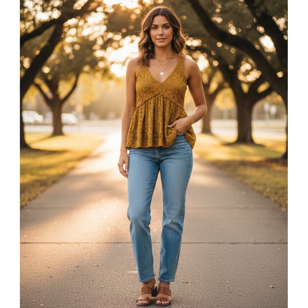 H.I.P Lace Babydoll Blouse‎ Womens XS Mustard Boho Festival Cottagecore Feminine